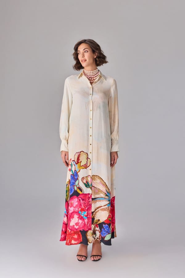 Multi Crepe Floral Placement Print Maxi Shirt Dress — Saaksha and Kinni
