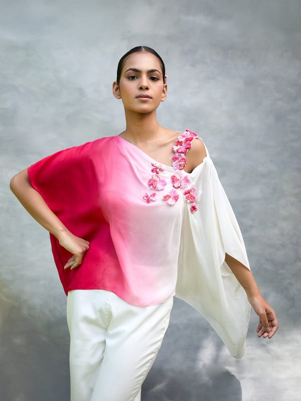 White Pink Ombre Kaftan Top with 3D Floral Embroidery — Vrinda Soni