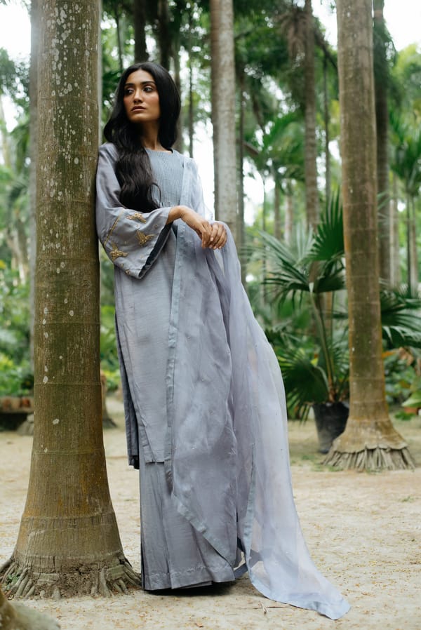 Grey A-Line Kurta Set with Embroidered Cuffs and Dupatta — SHRISTICHETANI