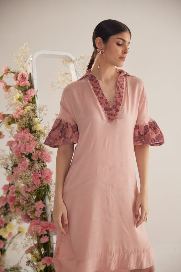 Peach Voile Midi Dress with Collared V-Neck & Balloon Sleeves — WESTERNERA