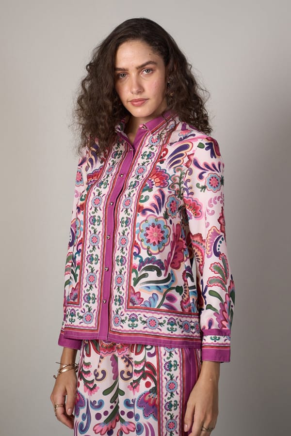 White Printed Button-Down Shirt with Magenta Borders — Style Island