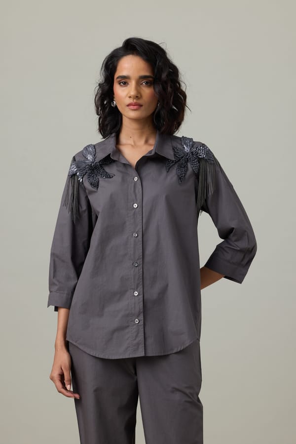 Granite Gray Appliqué Shoulder Shirt with Chain Fringe — 63East