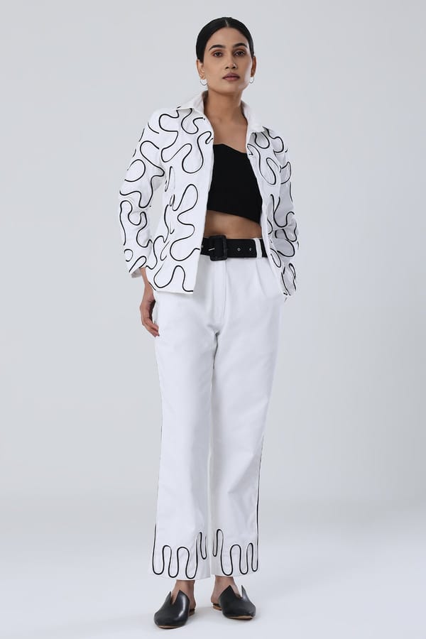 White Blazer and Straight Pants Co-ord Set with Black Dori — SHIBUI