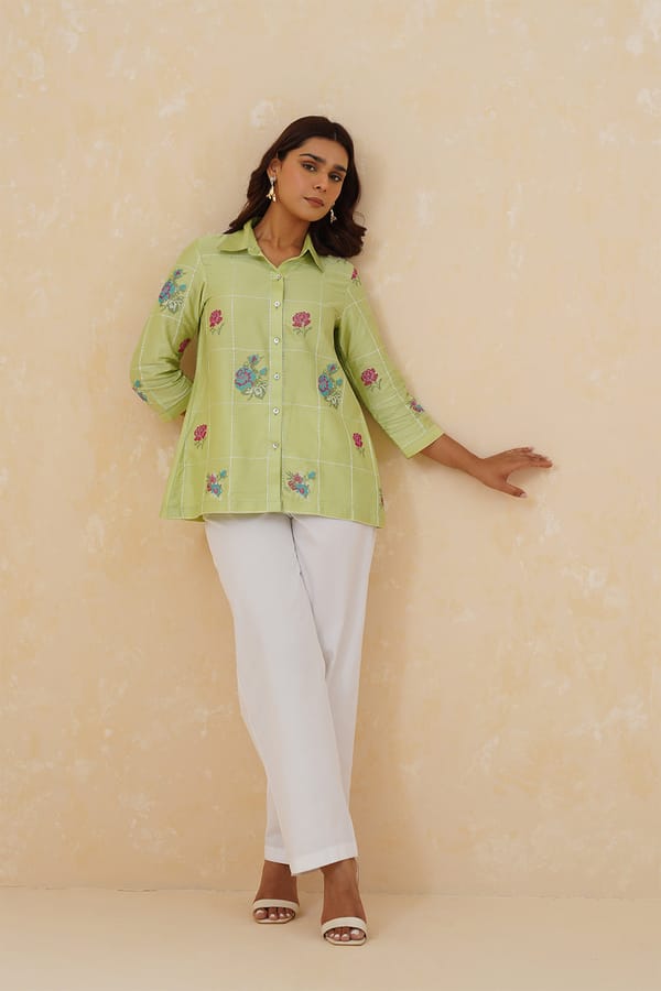 Green Geometric Floral Shirt and White Pants Co-ord Set — INCHING INDIA