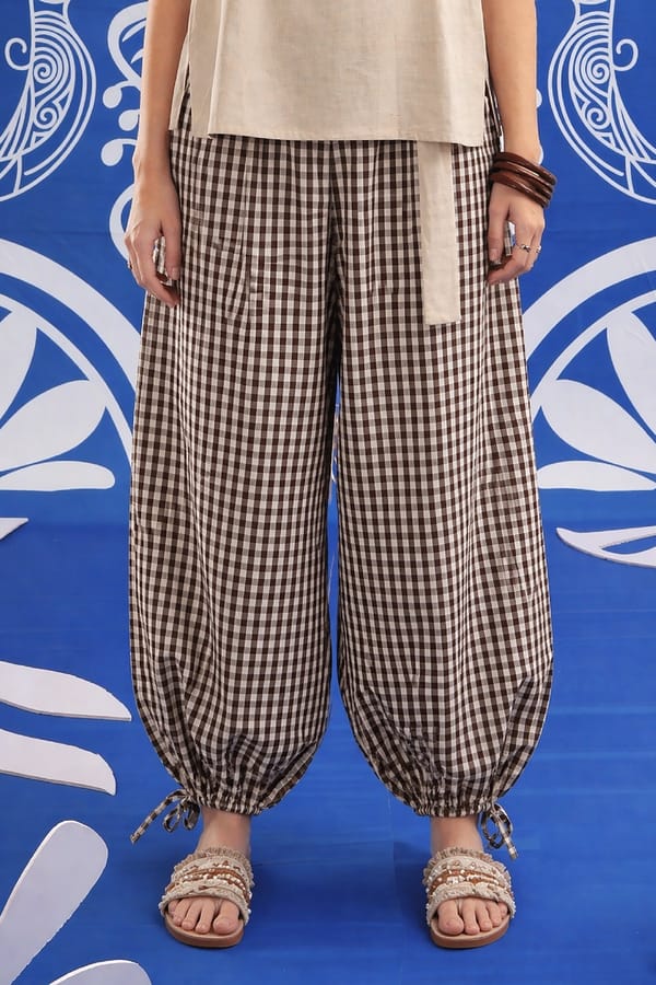 Mocha Check Balloon Trousers — ANISETTE