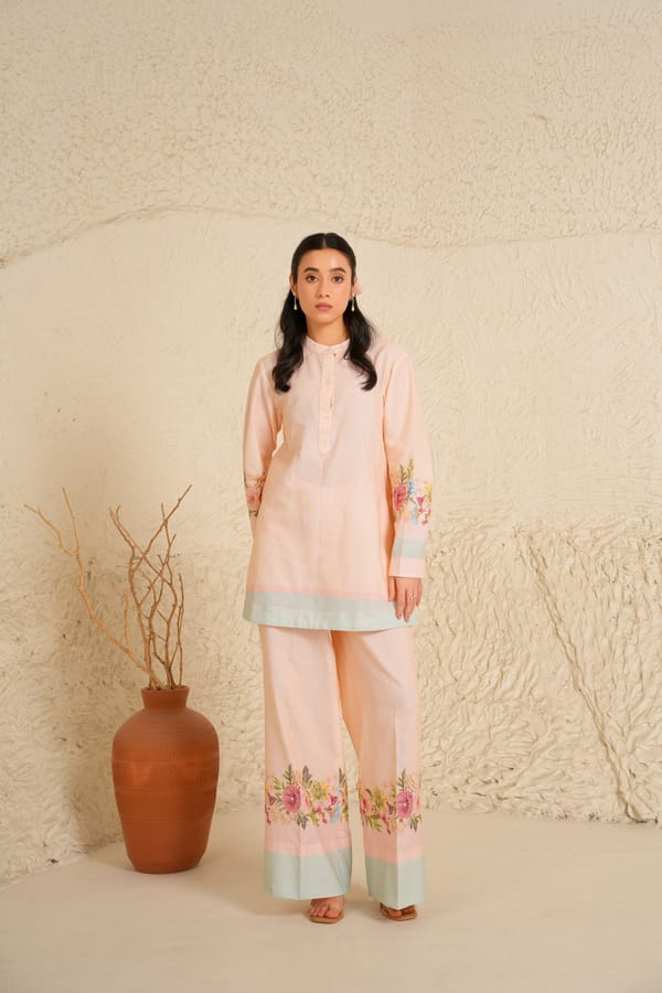 Peach Cotton Linen Straight Kurta and Trouser Set — Moh India