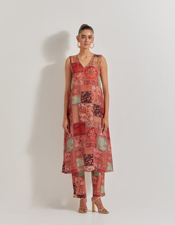 Multicolor Printed Sleeveless V-Neck Kurta Set — Kavita Bhartia