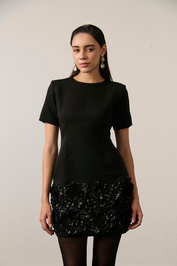 Black Sheath Mini Dress with 3D Floral Embellished Hem — Label IRIS