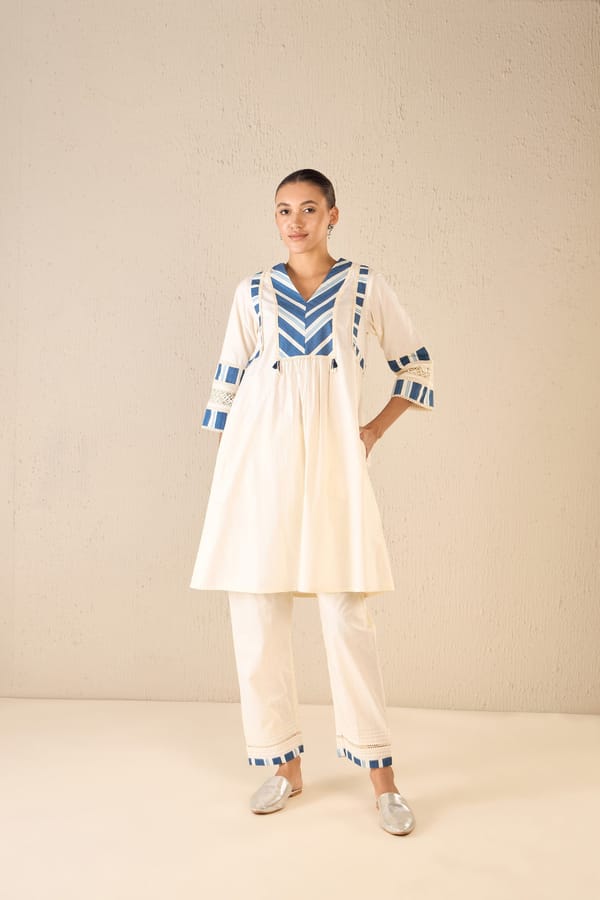 Meadow Stripes: Ivory Blue Stripe Cape Set — SHIVANI BHARGAVA