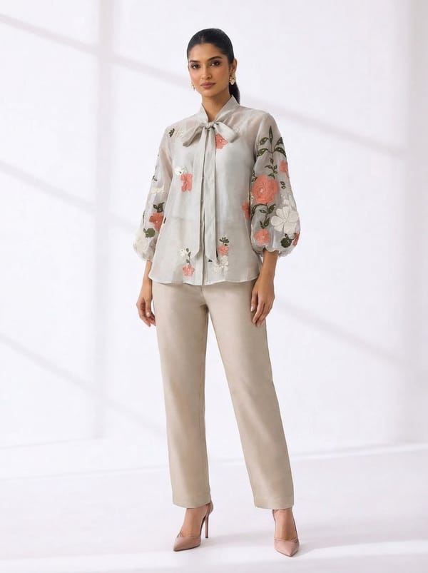 Beige Floral Embroidered Shirt and Pant Co-ord Set — RUCHIKA MALLIKA LABEL