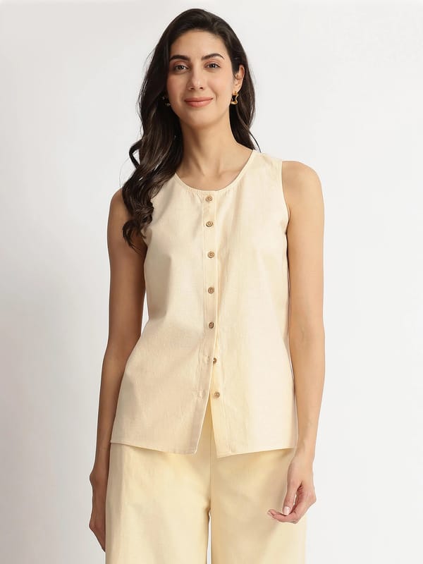 Linen Blend Solid Sleeveless Shirt - Beige — Pink Fort