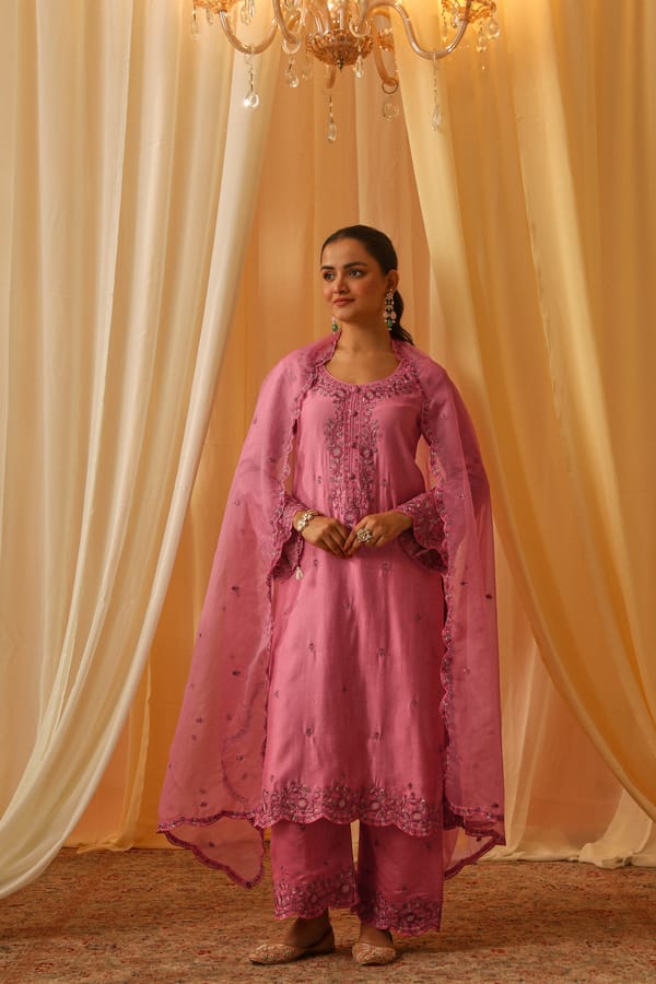 Pink Embroidered Chanderi Suit Set with Organza Dupatta — NARAYANI VASTRA