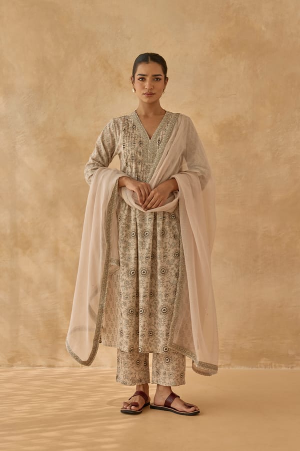 Beige Grey Printed Straight Kurta Set with Dupatta — CHHIPA JAIPUR