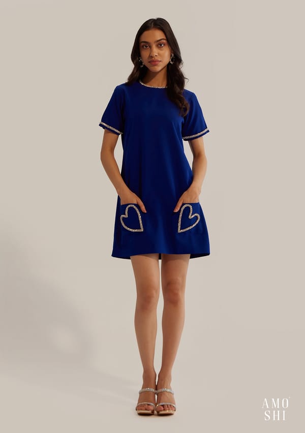 Blue Embellished Mini Shift Dress with Heart Pocket Detail — AMOSHI