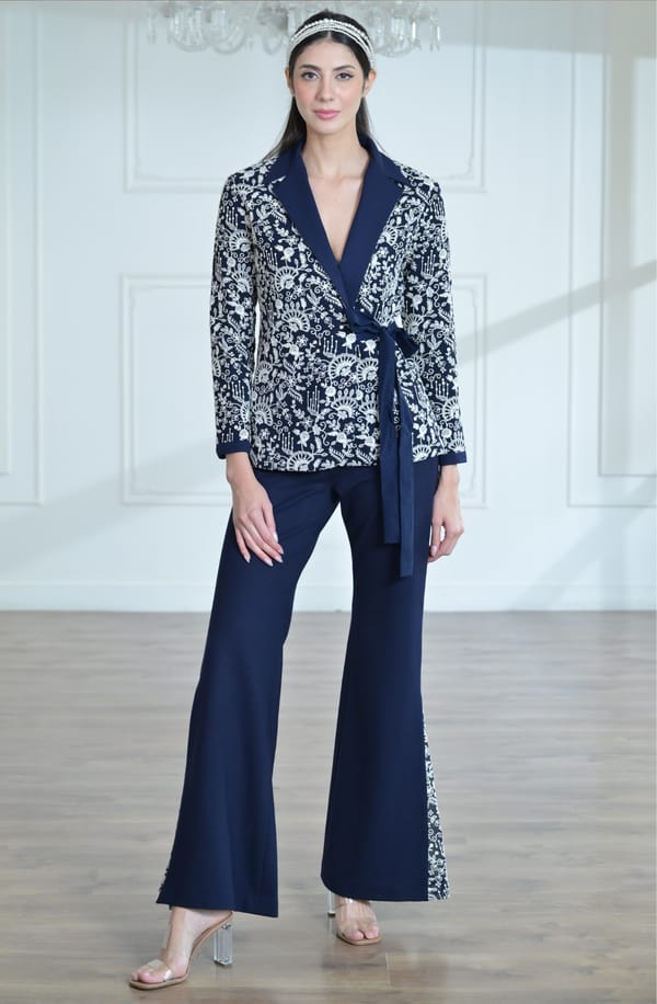 Blue & White Embroidered Tie Jacket Set — OMBRELLO