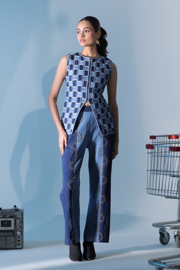 Blue Denim Basket-Weave Jacket and Wide-Leg Co-ord Set — MANVI DAGA STUDIO