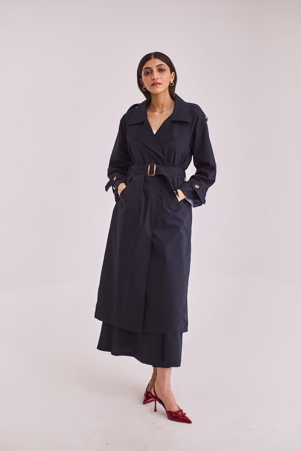 Navy Blue Longline Belted Trench Coat — Urban Suburban