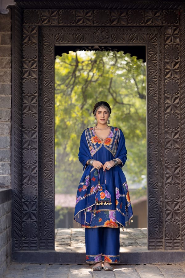 Floral Chanderi Silk Suit Set Blue — Kahani Lush