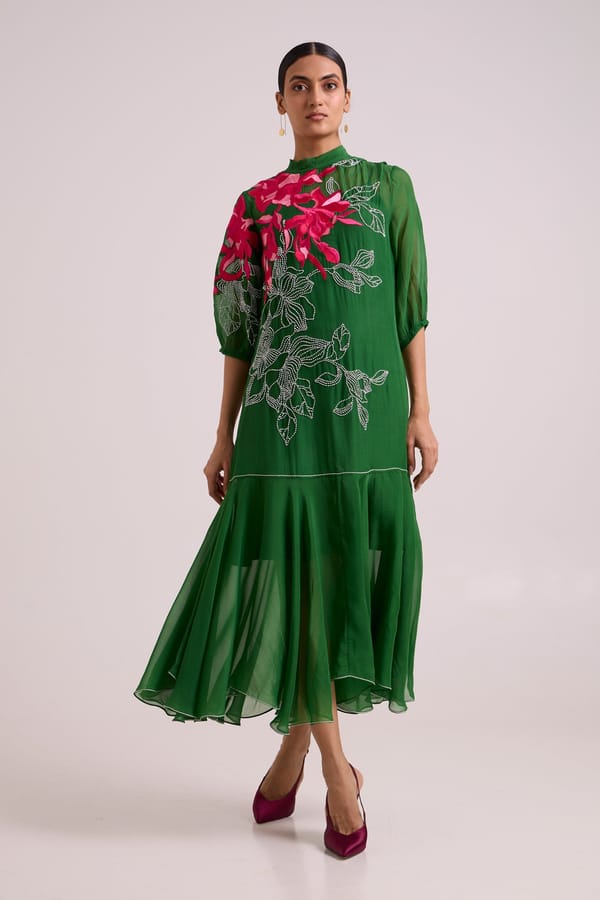 Green Organza Floral Applique Tiered Maxi Dress with Slip — Madder Much