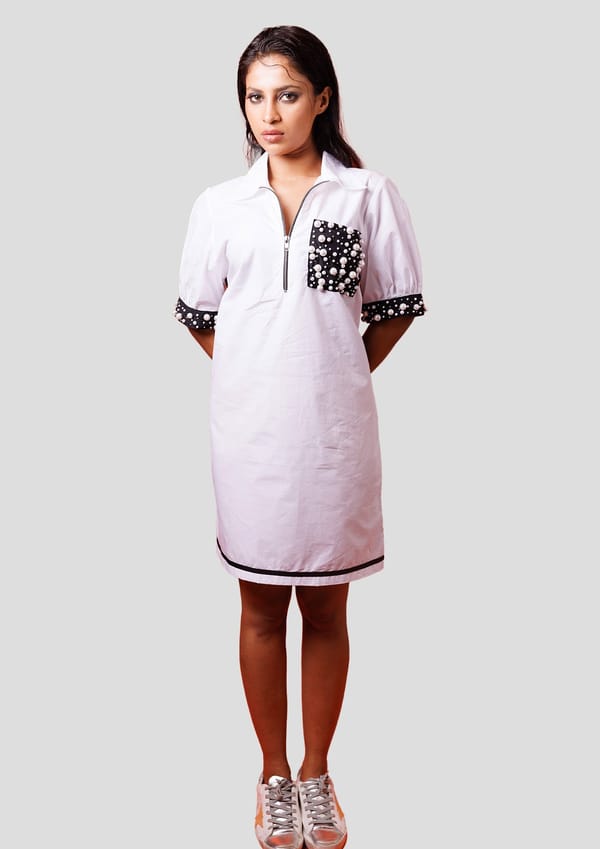 White Cotton Dress with Embroidered Pockets — Richa Goenka