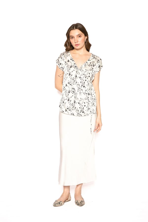 White Abstract Printed Wrap Tie-Up Top — Contemponari