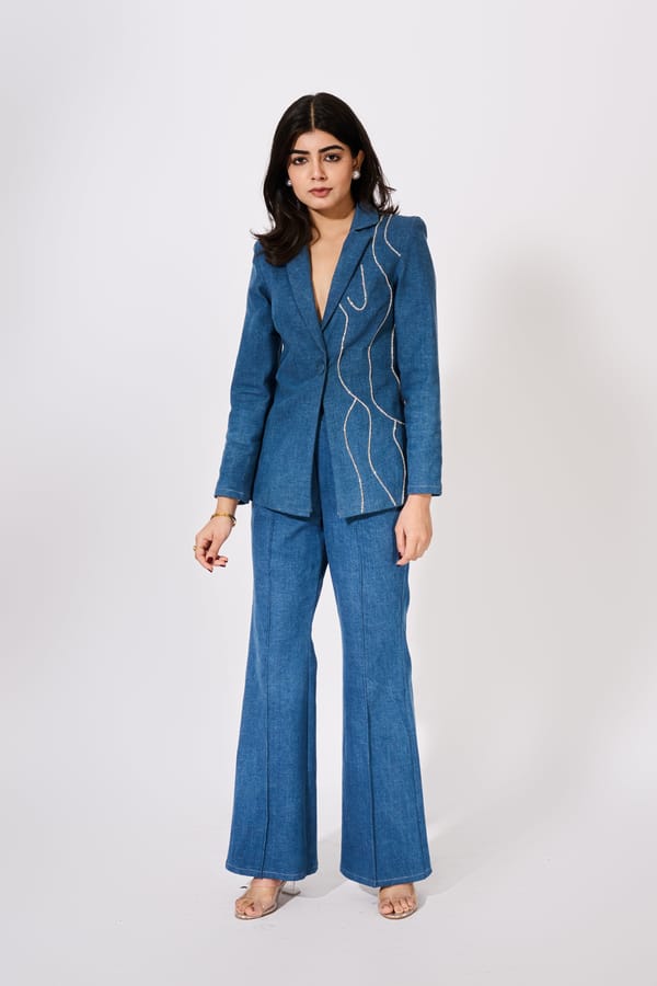 Denim Blazer Set With Rhinestone Embellishments — Weaving Cult
