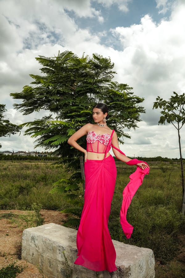 Pink Sheer Net Corset and Draped Maxi Skirt Co-ord Set — Isha Sawhney