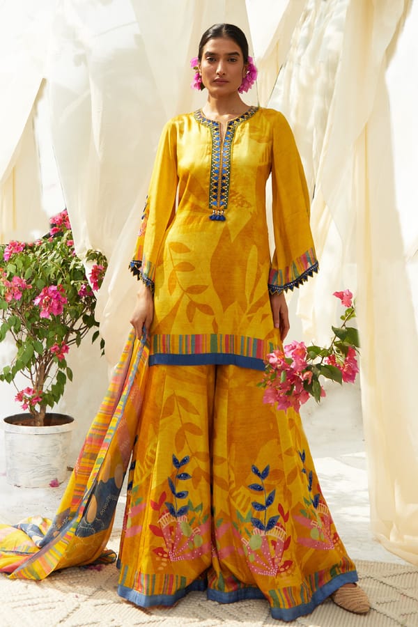 Mustard Gaji Satin Printed Kurta Sharara Set with Dupatta — Basil Leaf