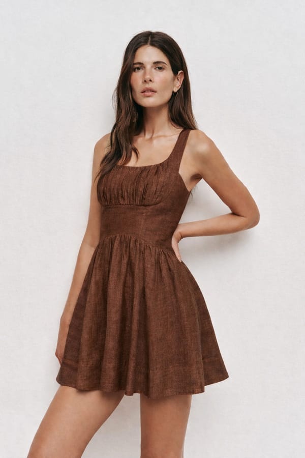 Aira Mini Cocoa Linen Dress — MOMENT BOMBAY