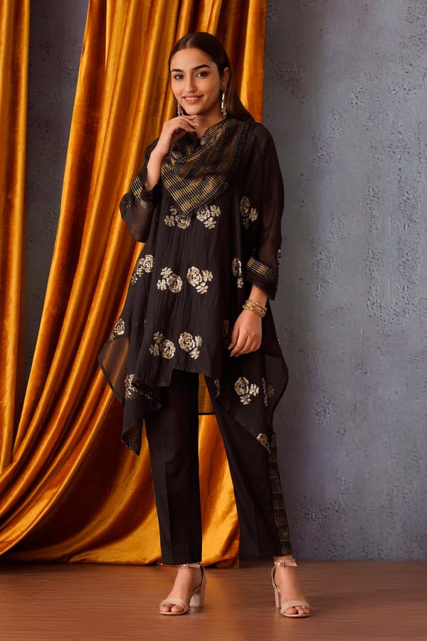 Black Sequin Embroidered Asymmetric Tunic with Cowl Neck — Omi Clothing