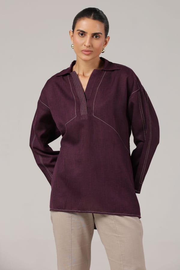 Plum Contrast Stitch Relaxed Fit Cotton Top — Truly SMA