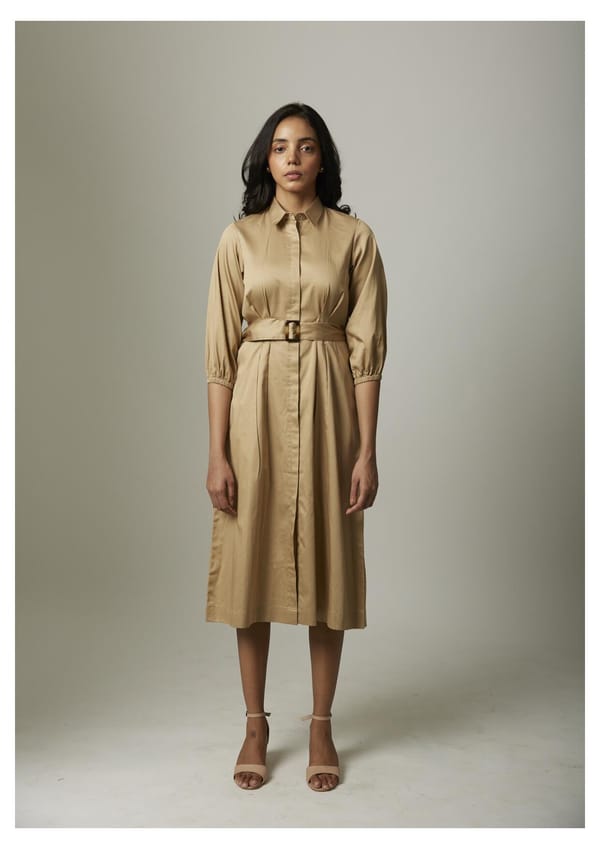 Gold Cotton Satin Belted Midi Shirt Dress — Escape By Aishwarya