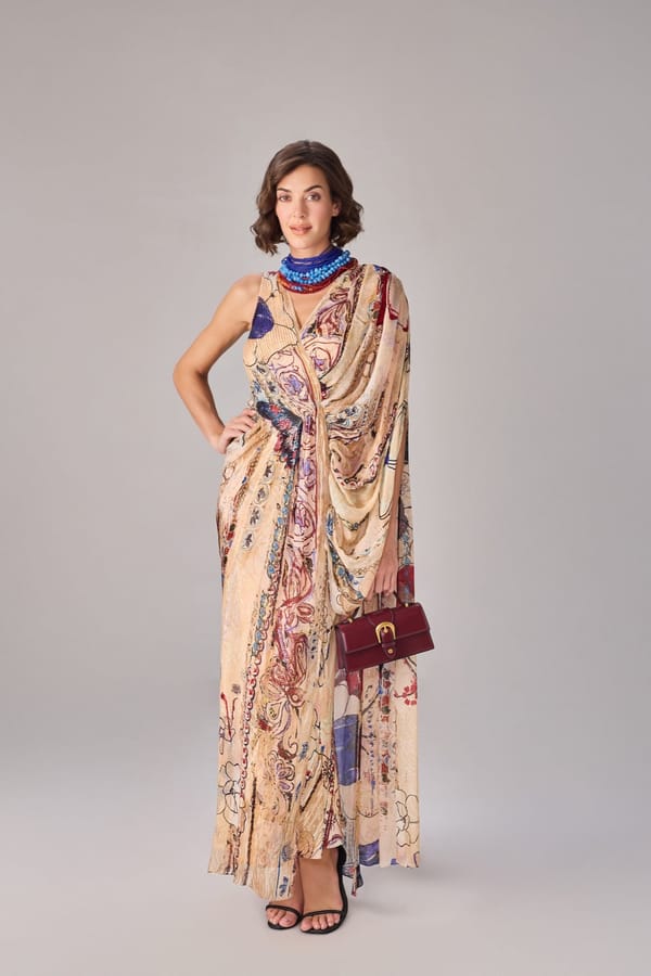 Multi Abstract Floral Chiffon Maxi Dress with Draped Shoulder — Saaksha and Kinni