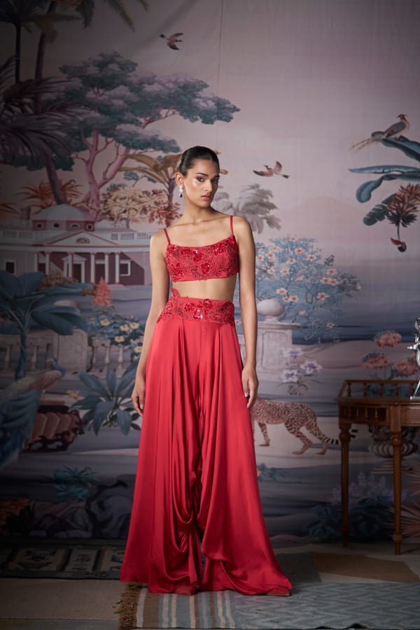 Red Satin Embroidered Crop Top and Palazzo Co-ord Set — AMRTA BY GUNEET KONDAL