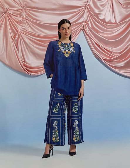 Airforce Blue Embroidered Top and Printed Pants Co-ord Set — Pozruh