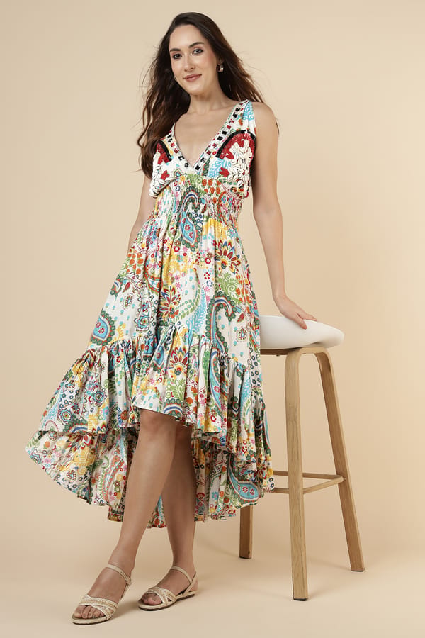 Multicolour Printed Tiered V-Neck Maxi Dress — ROBIN