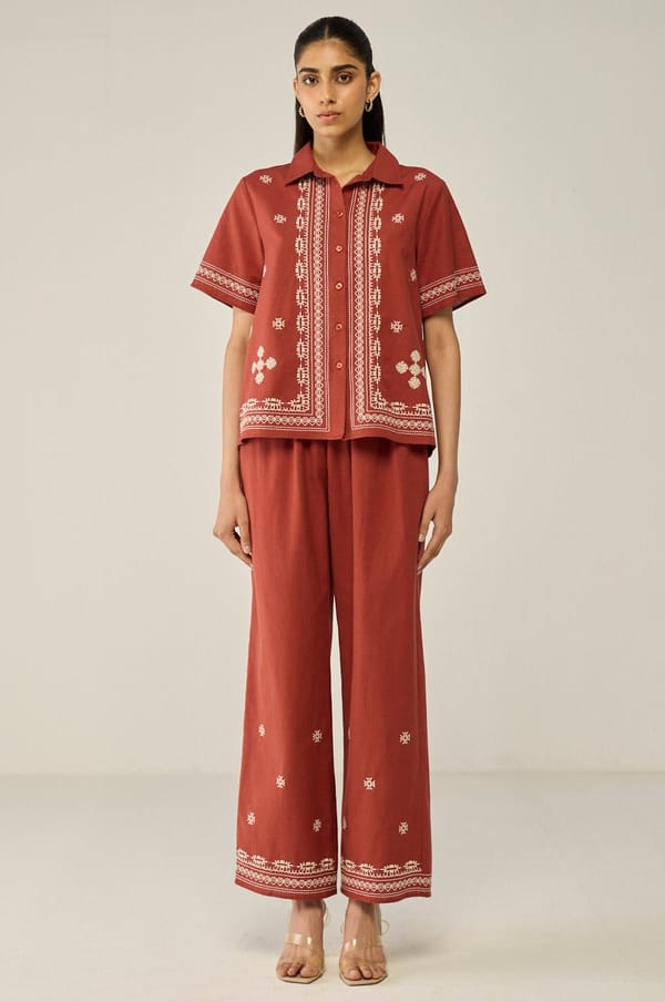 Burgundy Embroidered Shirt And Trouser Co-ord — Move About Effortlessly