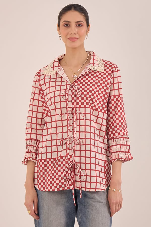 Red and White Patchwork Check Tie-Up Shirt Tunic — SHIVANI BHARGAVA