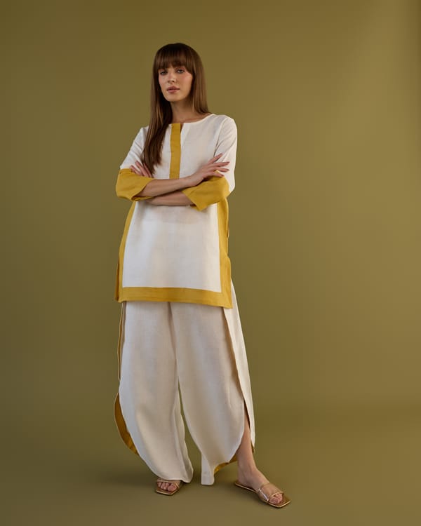 White and Ochre Linen Tunic and Tulip Pants Co-ord Set — AUR
