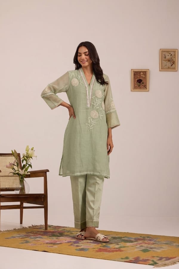 Side Floral Emb A-Line Chanderi Kurta Set — Omi Clothing