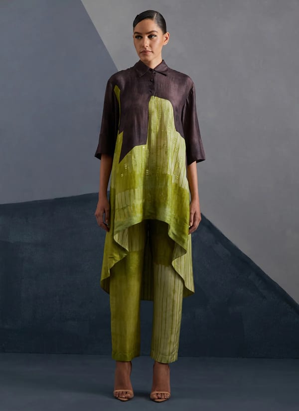 Green Colorblocked Dupion Silk Kurta Set with Pants — CLOS
