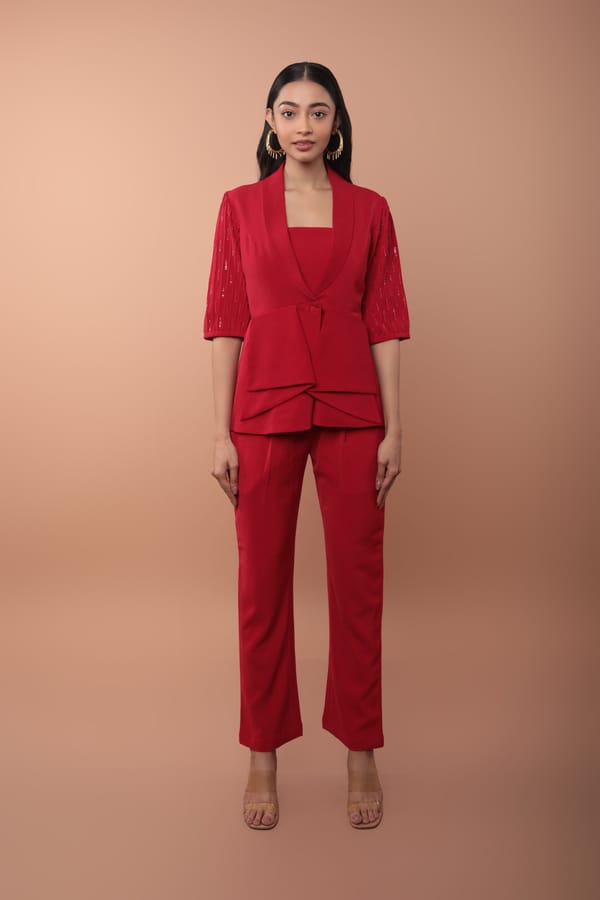 Red Crepe Blazer-Style Top and Pants Co-ord Set — Veera Wear