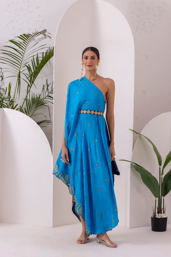 Navy Blue Gold Fusion Saree Dress — Sew and You