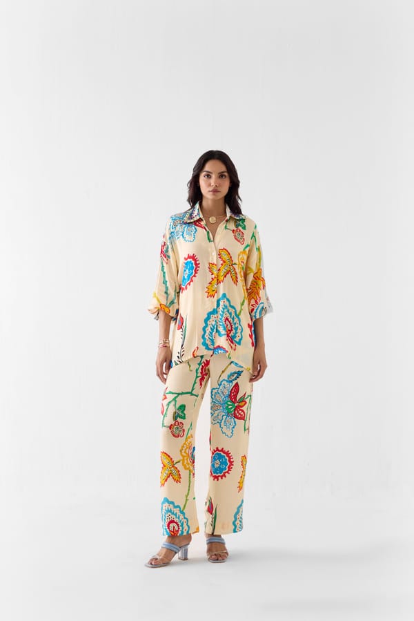 Cream Floral Printed Shirt and Trouser Co-ord Set — Studio Rigu