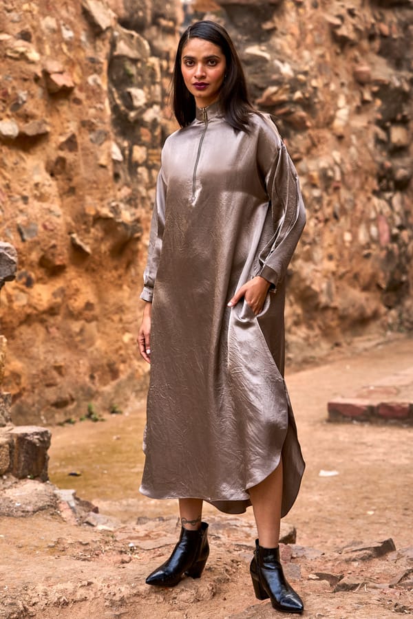 Grey Satin Zip-Neck Midi Shirt Dress — Dash and Dot