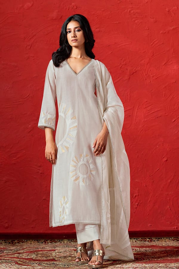 Fog Beige Straight Kurta Set With Zari Details and Dupatta — Ganga Fashions Pvt Ltd