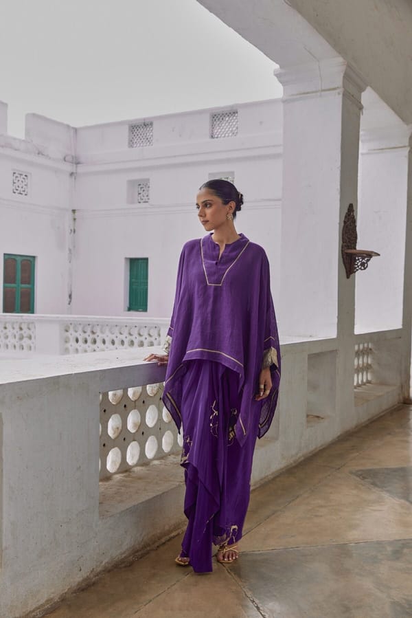 Purple Crepe Dhoti Trousers with Metallic Gold Print — YELL