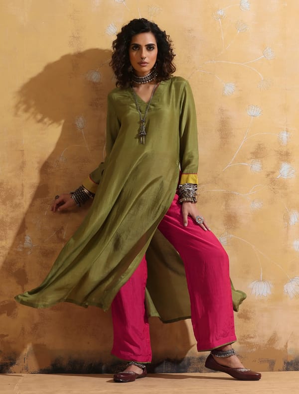 Green Muslin Silk High-Slit Kurta and Pant Set — Truebrowns