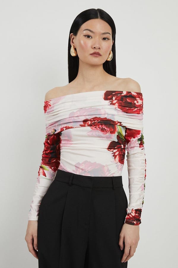 Rose Print Bardot Ruched Long Sleeve Bodysuit — KAREN MILLEN