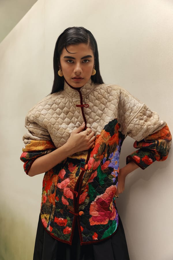 Beige Quilted Longline Jacket With Floral Print — SHOP NOIB